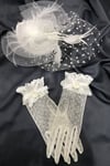 Beyaz Dantelli Eldiven-Puantiyeli Vualet Nikah Şapkası