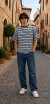 Bisiklet Yaka Çizgili Oversize T-shirt