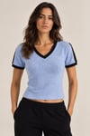 Kontrast Şeritli Havlu Dokulu V Yaka T-shirt