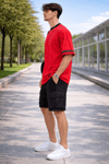 Şerit Detaylı Kontrast Yaka Basic T-Shirt