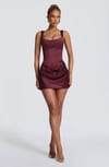 BORDO FULL SATEN BALEN DETAYLI MİNİ BOY ELBİSE 
