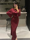 BORDO SİMLİ TAM BOY DRAPELİ  ASTARLI BEL BAĞCIKLI ELBİSE