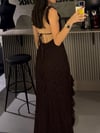 DANTELLİ YIRTMAÇLI KAHVE ELBİSE 