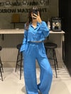İNDİGO MAVİ GOFRE CROP GÖMLEK PANTOLON TAKIM