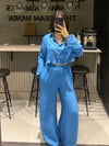 İNDİGO MAVİ GOFRE CROP GÖMLEK PANTOLON TAKIM