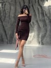 KAHVE STRAPLEZ BAĞLAMALI ELBİSE