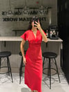 KIRMIZI SATEN MAXİ ELBİSE