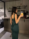 KORSELİ KOYU YEŞİL ELBİSE 