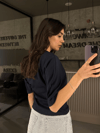 LACİVERT BEL DETAY KISA KOLLU BLUZ