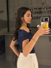 LACİVERT BEL KORSELİ KAYIK YAKA BLUZ