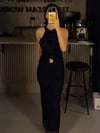LACİVERT SİMLİ BROŞLU ELBİSE
