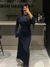 LACİVERT SİMLİ TAM BOY ASTARLI BEL BAĞCIKLI ELBİSE