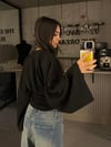 SİYAH BEL KORSE BÜZGÜLÜ İSPANYOL KOL BLUZ 