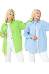 Kadın DÜZ RENK KETEN RAHAT KESİM Oversize Uzun Basic 2li Yeşil Mavi Gömlek (2 adet)