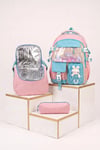 Relaxion Kız Çocuk Pelüş Ayıcıklı Kore Tarzı Kawaii 3'lü Set Okul Çantası Seti Pembe