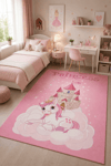Pembe Şato Prensesi Desenli Baskı Şönil Kilim Kaymaz Taban Yıkanabilir Kız Çocuk Odası Halısı 12