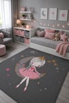 Yıldızlı Taç Prensesi Desenli Baskı Şönil Kilim Kaymaz Taban Yıkanabilir Kız Çocuk Odası Halısı 16
