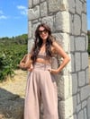 Beli Büzgü Detaylı Keten Pantolon Vizon