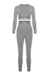 Uzun Kollu Crop Top - Tayt Takım Açık Gri