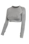 Uzun Kollu Crop Top - Tayt Takım Açık Gri