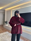 Peluş Dokulu Kemerli Kazak Bordo - TUNİK