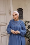Beyaz Nakış Detaylı Açık Kot Tesettür Elbise