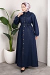 Gömlek Yaka Kemerli Denim Elbise – Uzun Tesettür Jean Model Koyu Mavi