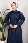 Gömlek Yaka Kemerli Denim Elbise – Uzun Tesettür Jean Model Koyu Mavi