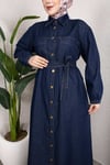 Gömlek Yaka Kemerli Denim Elbise – Uzun Tesettür Jean Model Koyu Mavi