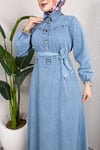 Kemerli Düğmeli Kot Elbise – Tesettür Denim Uzun Elbise Açık Mavi