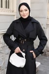 Kemerli Kruvaze Uzun Trençkot Siyah 2027