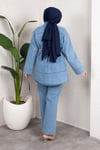 Kuşaklı Düğmeli Denim Takım – Rahat Kesim İkili Kombin Buz Mavisi