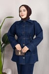 Kuşaklı Düğmeli Denim Takım – Rahat Kesim İkili Kombin Koyu Mavi