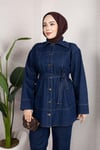 Kuşaklı Düğmeli Denim Takım – Rahat Kesim İkili Kombin Koyu Mavi