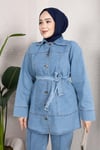 Kuşaklı Düğmeli Denim Takım – Rahat Kesim İkili Kombin Buz Mavisi