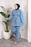 Kuşaklı Düğmeli Denim Takım – Rahat Kesim İkili Kombin Buz Mavisi