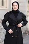 Kuşaklı  Kruvaze Uzun Trençkot  Siyah 2028  