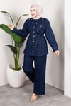 Taş Detaylı Kuşaklı Denim Tesettür Takım Koyu Mavi