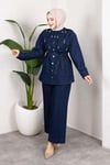 Taş Detaylı Kuşaklı Denim Tesettür Takım Koyu Mavi