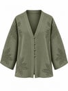 İşlemeli V Yaka Kimono - Haki