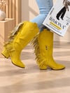 ARİZONA SARI SUNİ DANA SÜET PÜSKÜLLÜ 6 CM TOPUKLU DALLAS BOT 
