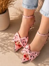 ELDA PEMBE PUANTİYELİ SATEN 10 CM İNCE ÖKCE TOPUKLU TERLİK SANDALET
