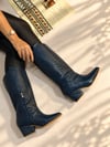 LİMONA LACİVERT HASIR DESENLİ İTHAL  RUGAN  6 CM ÖKCE DALLAS ÇİZME