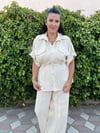 Açık Krem Beli Büzgülü Keten Takım
