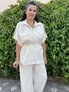 Açık Krem Beli Büzgülü Keten Takım