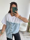 Beyaz Jean Detaylı Düğmeli Tshirt