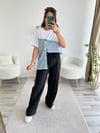 Beyaz Jean Detaylı Düğmeli Tshirt