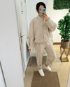 Krem Bomber Ceket Pantolon Takım
