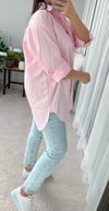 Pembe Oversize Pamuk Saten Kumaş Kadın Gömlek