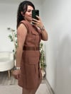 Taba Kemerli Keten Elbise